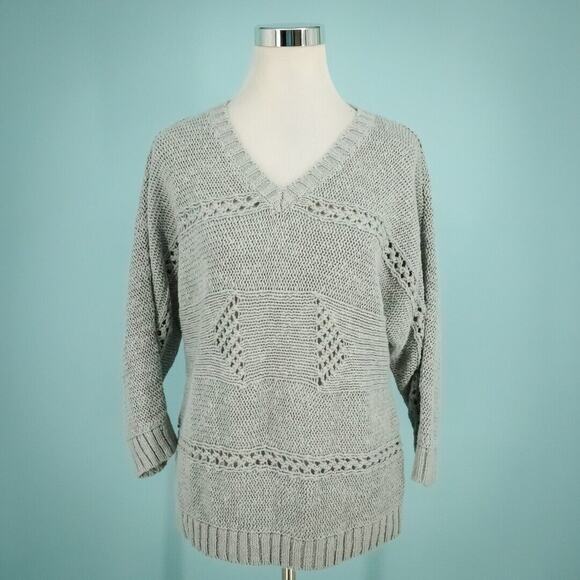 Garnet Hill Size Medium M Gray Pointelle V Neck 3/4 Sleeve Cotton Linen Sweater - Picture 1 of 7